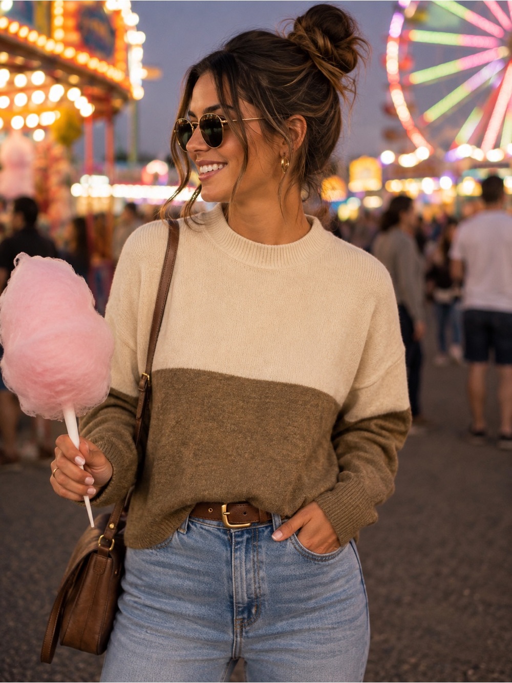 H&M Cream and Brown Colorblock Crew Neck Sweater
